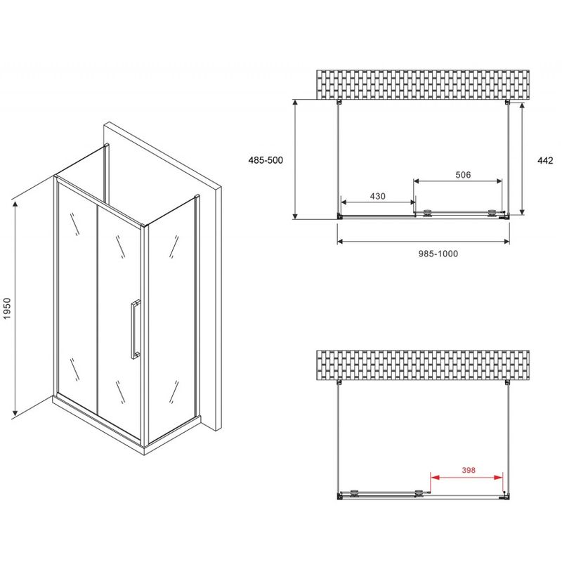 Душевой уголок Abber Schwarzer Diamant AG30100BH-S50B-S50B 100x50x195 (черный матовый), П-образный