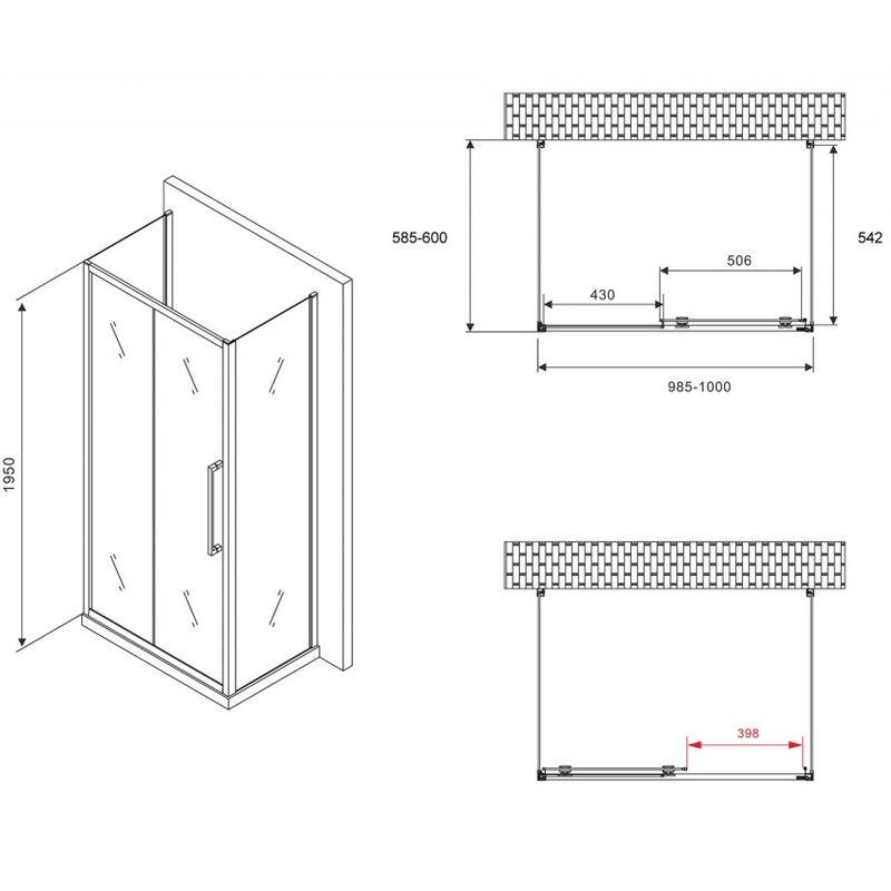 Душевой уголок Abber Schwarzer Diamant AG30100BH-S60B-S60B 100x60x195 (черный матовый), П-образный