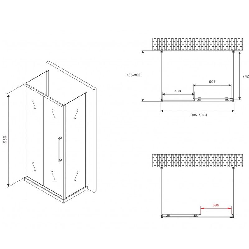Душевой уголок Abber Schwarzer Diamant AG30100BH-S80B-S80B 100x80x195 (черный матовый), П-образный