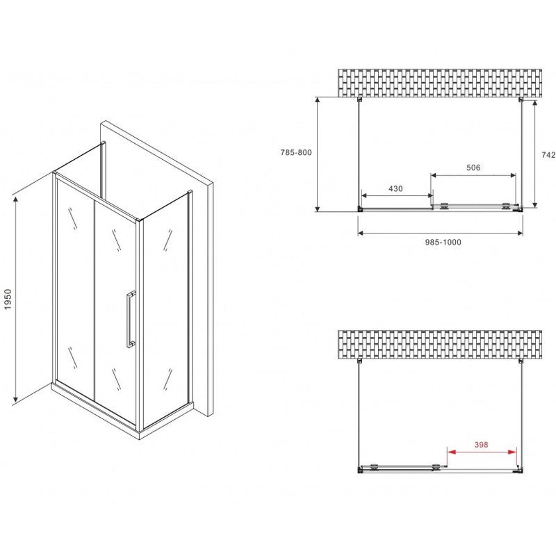 Душевой уголок Abber Schwarzer Diamant AG30100BMH-S80BM-S80BM 100х80х195 (черный матовый), П-образный