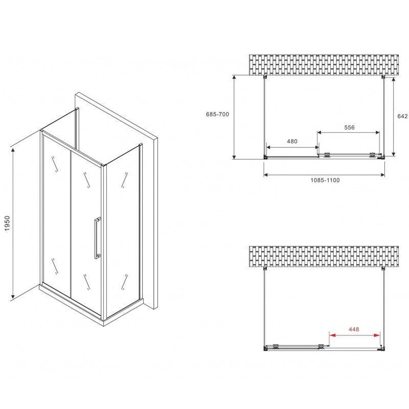 Душевой уголок Abber Schwarzer Diamant AG30110BH-S70B-S70B 110x70x195 (черный матовый), П-образный