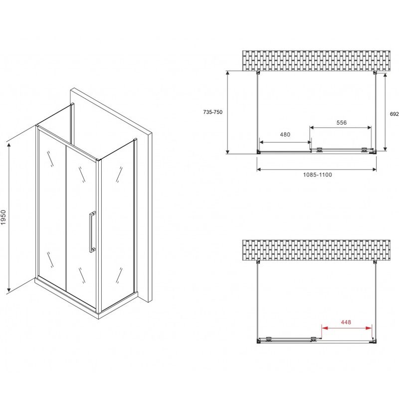 Душевой уголок Abber Schwarzer Diamant AG30110H-S75-S75 110x75x195 (хром), П-образный