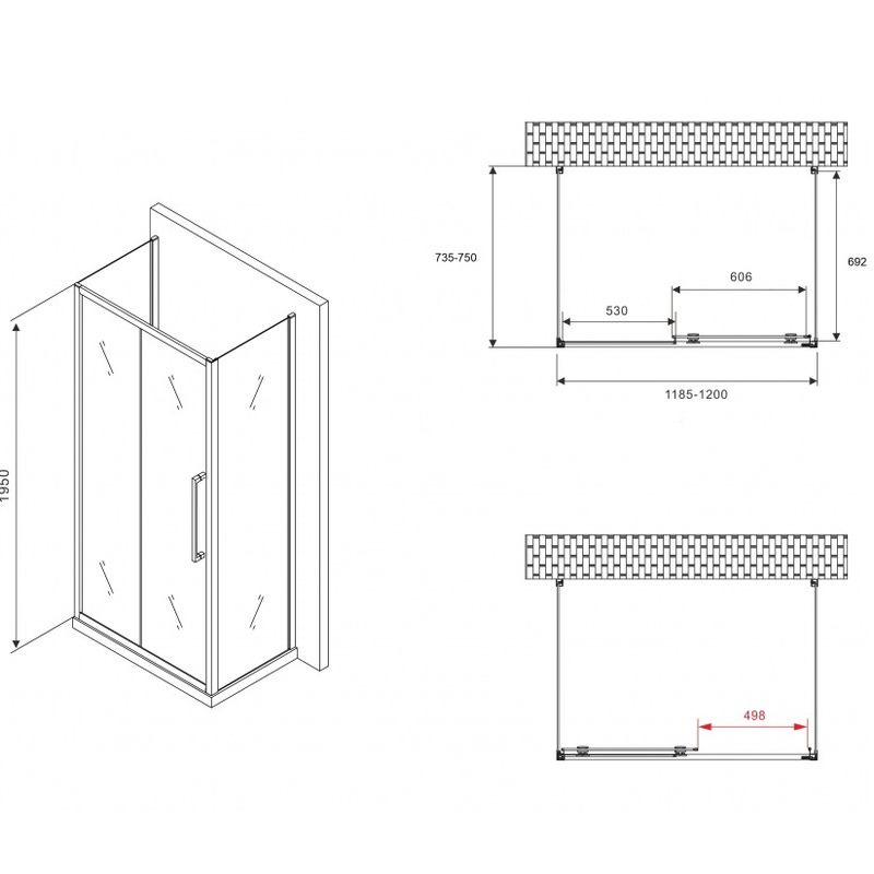 Душевой уголок Abber Schwarzer Diamant AG30120BH-S75B-S75B 120x75x195 (черный матовый), П-образный