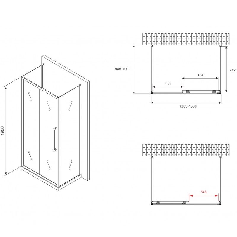 Душевой уголок Abber Schwarzer Diamant AG30130BH-S100B-S100B 130x100x195 (черный матовый), П-образный
