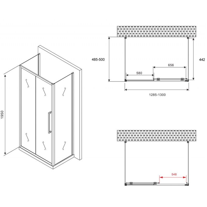 Душевой уголок Abber Schwarzer Diamant AG30130BH-S50B-S50B 130x50x195 (черный матовый), П-образный