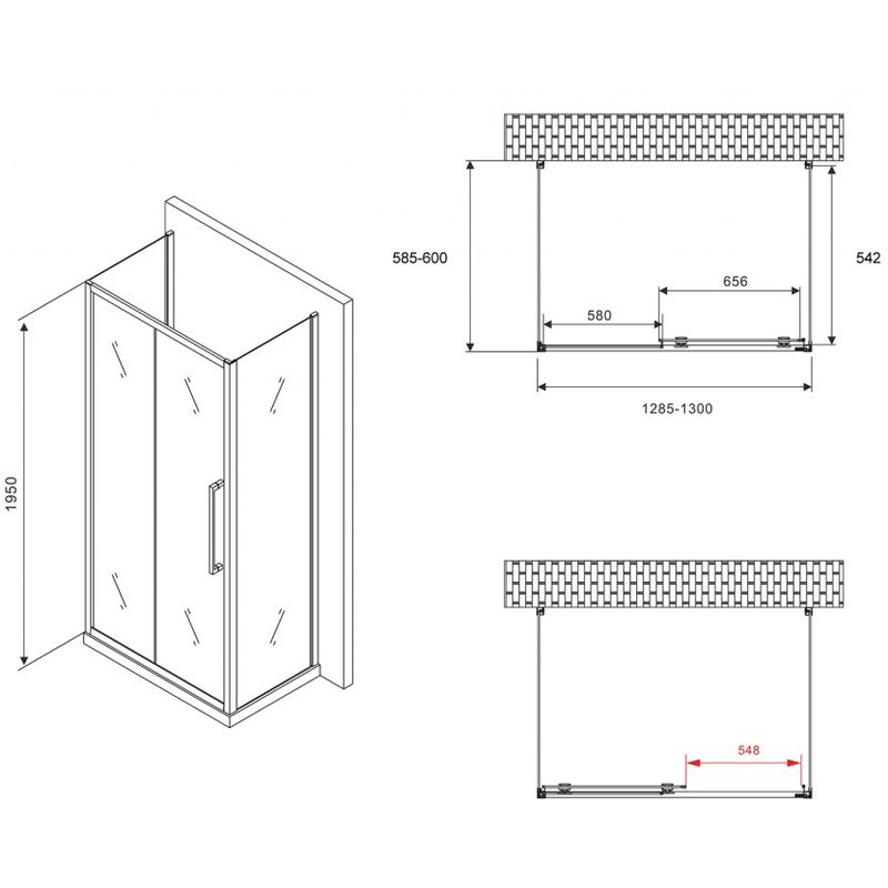 Душевой уголок Abber Schwarzer Diamant AG30130BH-S60B-S60B 130x60x195 (черный матовый), П-образный
