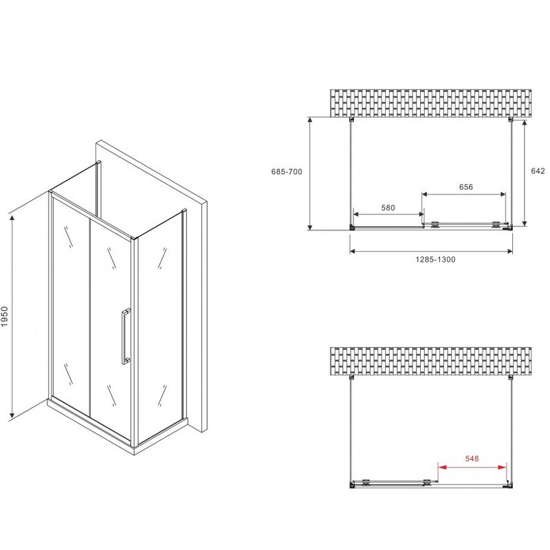 Душевой уголок Abber Schwarzer Diamant AG30130BH-S70B-S70B 130x70x195 (черный матовый), П-образный
