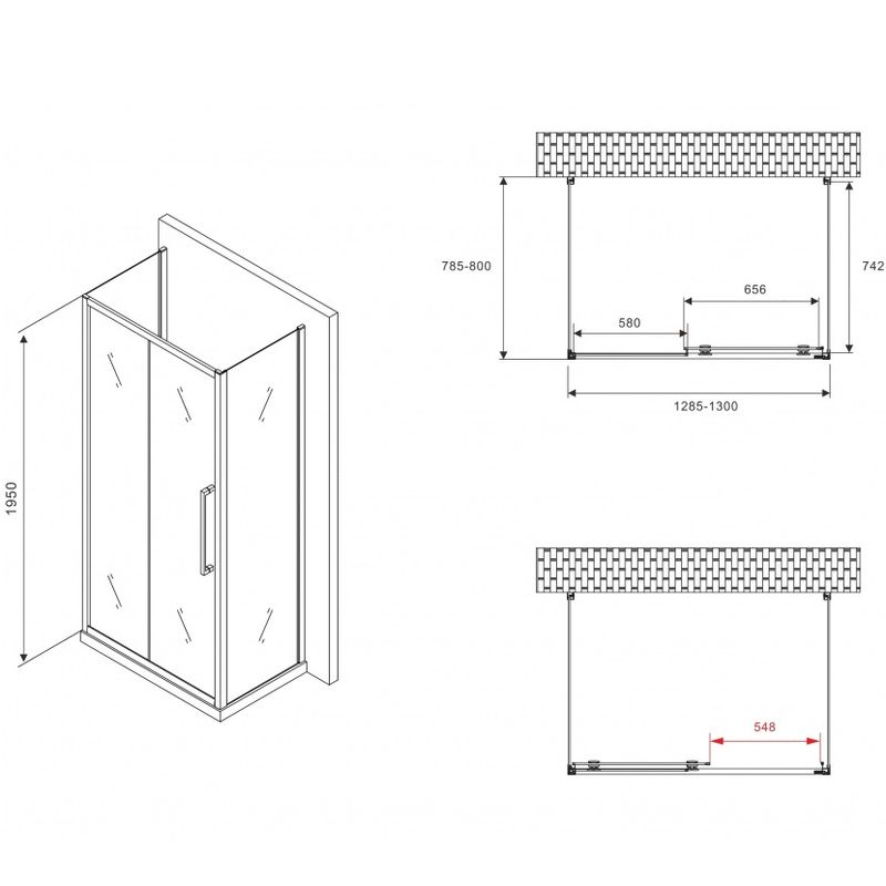 Душевой уголок Abber Schwarzer Diamant AG30130BH-S80B-S80B 130x80x195 (черный матовый), П-образный