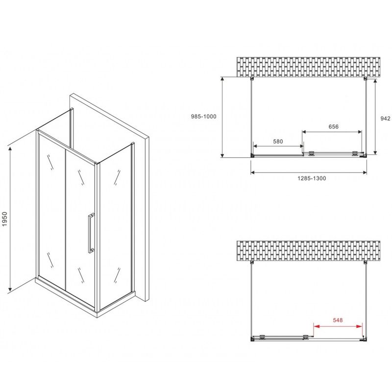 Душевой уголок Abber Schwarzer Diamant AG30130BMH-S100BM-S100BM 130х100х195 (черный матовый), П-образный