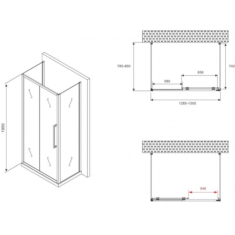 Душевой уголок Abber Schwarzer Diamant AG30130BMH-S80BM-S80BM 130х80х195 (черный матовый), П-образный