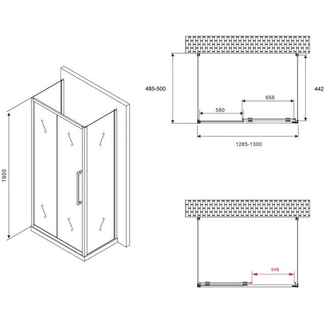 Душевой уголок Abber Schwarzer Diamant AG30130H-S50-S50 130x50x195 (хром), П-образный
