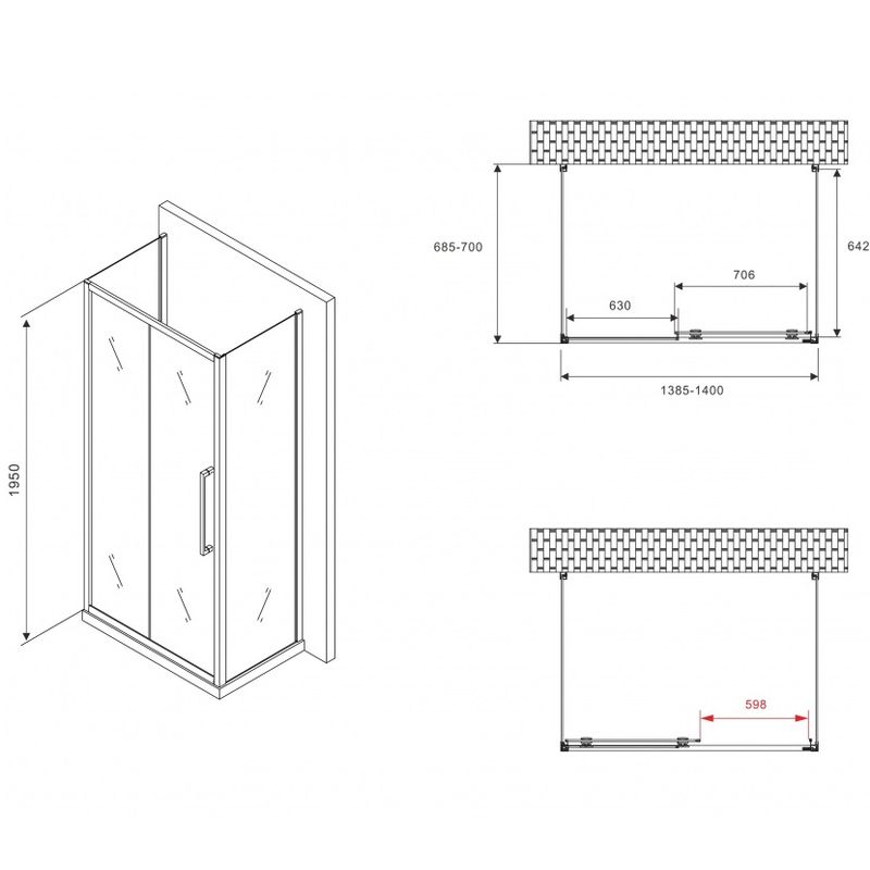 Душевой уголок Abber Schwarzer Diamant AG30140BH-S70B-S70B 140x70x195 (черный матовый), П-образный