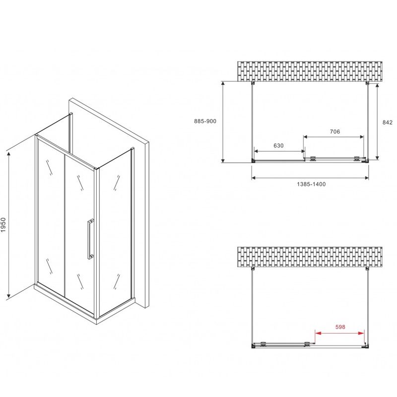 Душевой уголок Abber Schwarzer Diamant AG30140BH-S90B-S90B 140x90x195 (черный матовый), П-образный