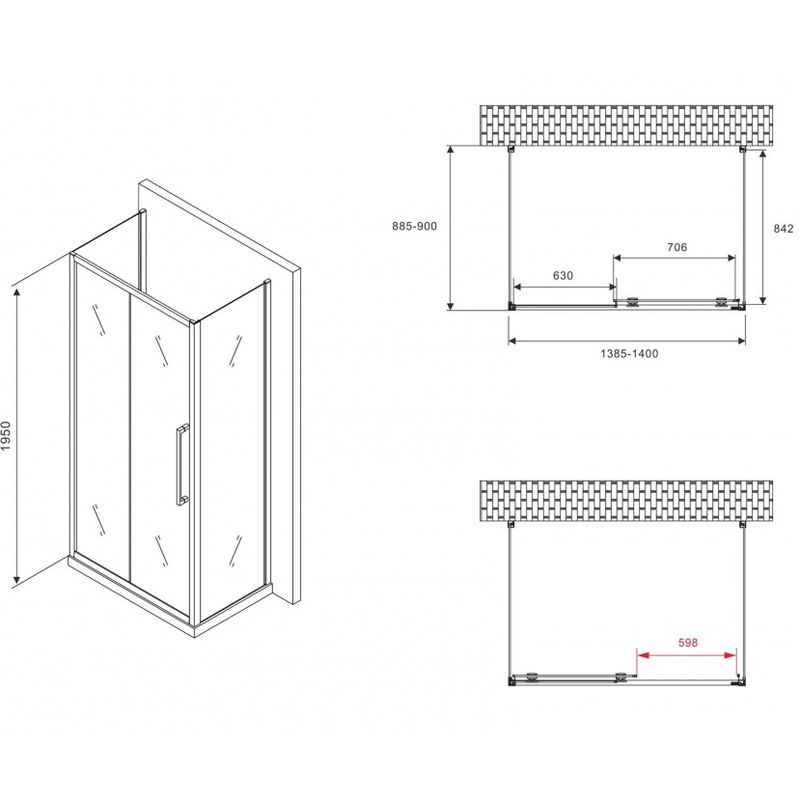 Душевой уголок Abber Schwarzer Diamant AG30140BMH-S90BM-S90BM 140х90х195 (черный матовый), П-образный