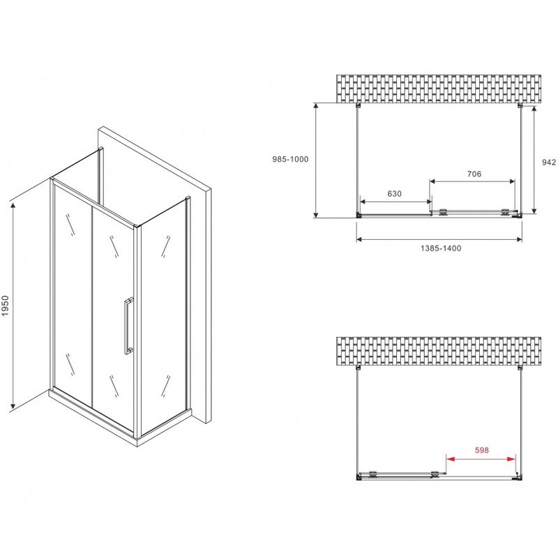 Душевой уголок Abber Schwarzer Diamant AG30140H-S100-S100 140x100x195 (хром), П-образный