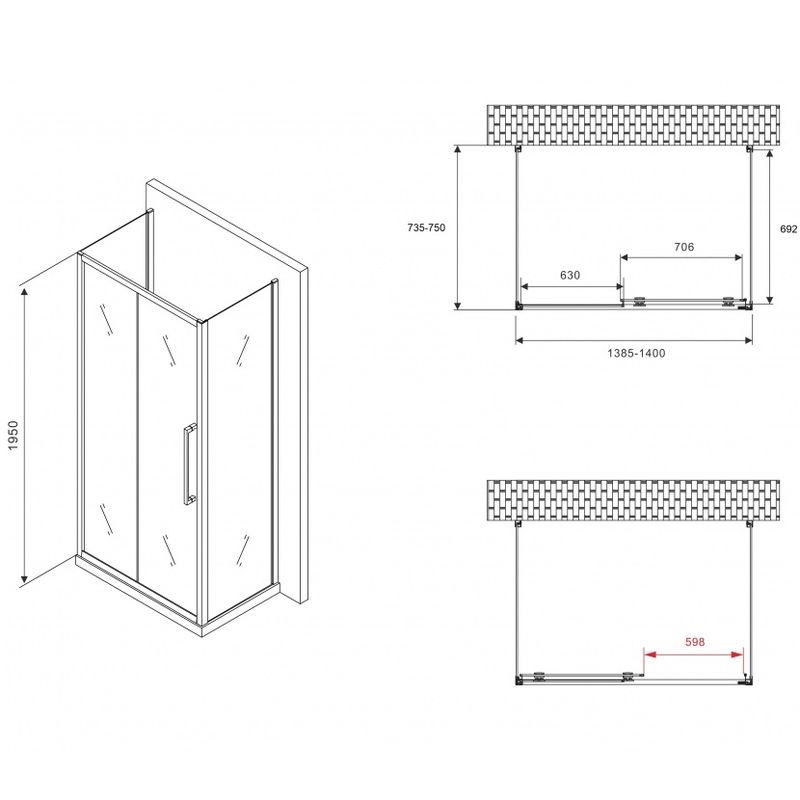 Душевой уголок Abber Schwarzer Diamant AG30140H-S75-S75 140x75x195 (хром), П-образный