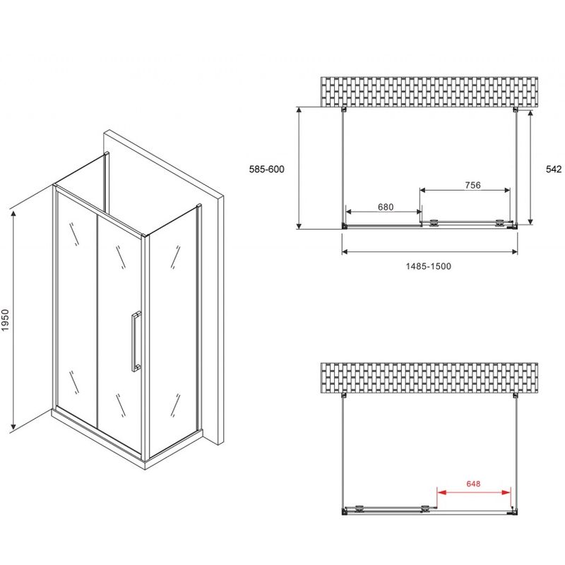 Душевой уголок Abber Schwarzer Diamant AG30150BH-S60B-S60B 150x60x195 (черный матовый), П-образный