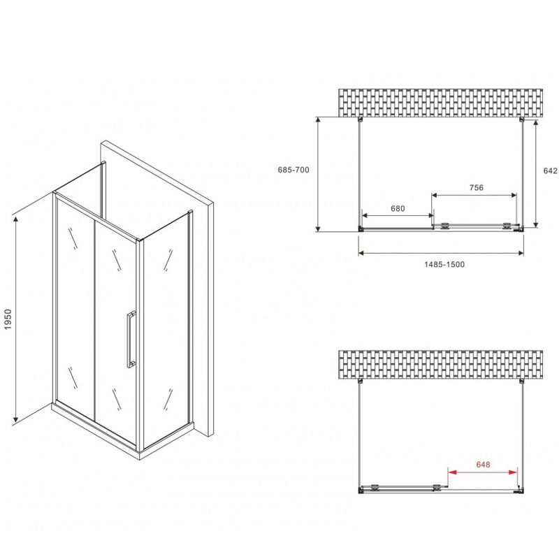 Душевой уголок Abber Schwarzer Diamant AG30150BMH-S70BM-S70BM 150х70х195 (черный матовый), П-образный
