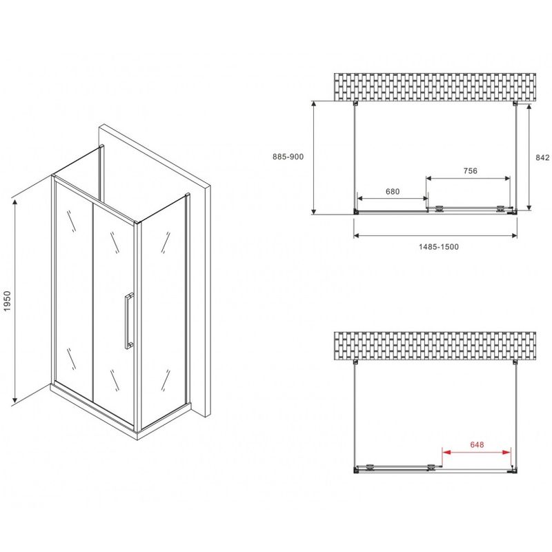 Душевой уголок Abber Schwarzer Diamant AG30150BMH-S90BM-S90BM 150х90х195 (черный матовый), П-образный
