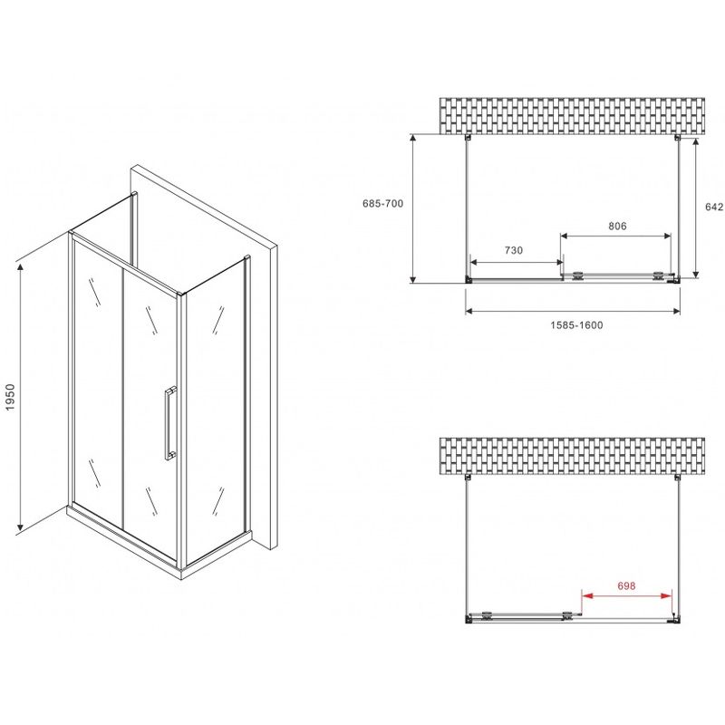 Душевой уголок Abber Schwarzer Diamant AG30160BH-S70B-S70B 160x70x195 (черный матовый), П-образный