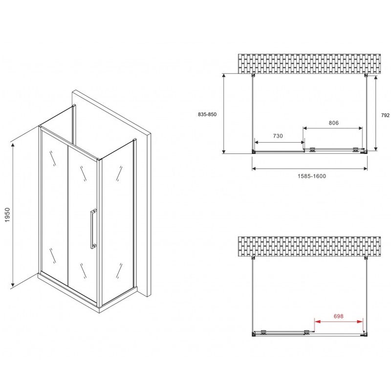 Душевой уголок Abber Schwarzer Diamant AG30160BH-S85B-S85B 160x85x195 (черный матовый), П-образный