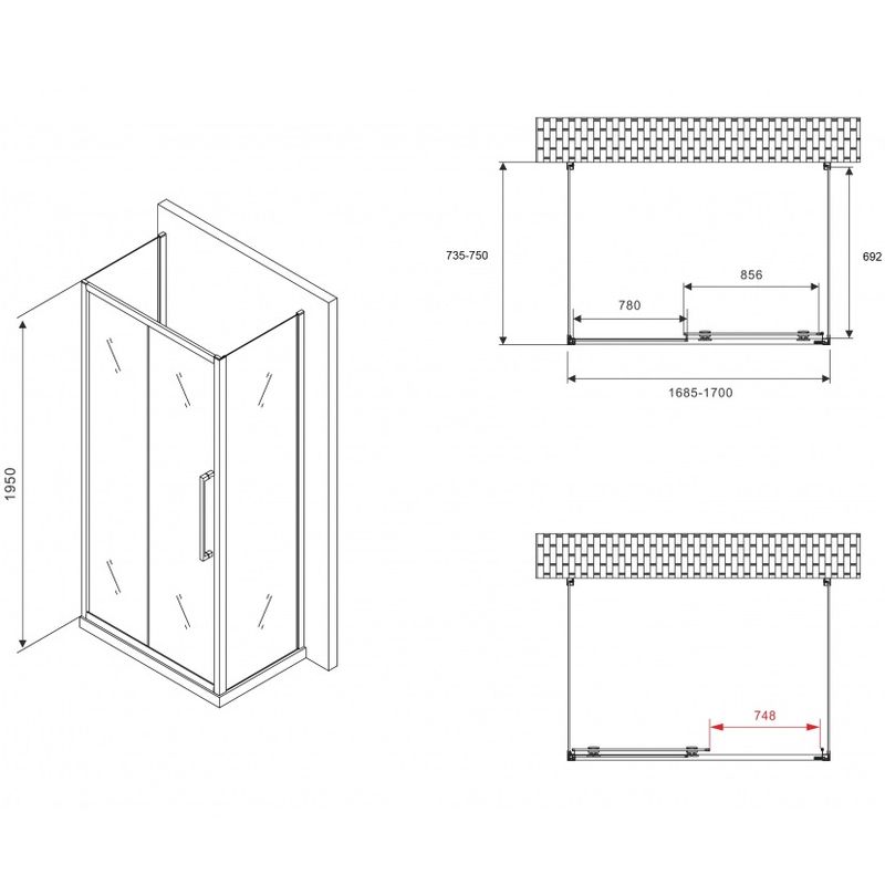 Душевой уголок Abber Schwarzer Diamant AG30170BH-S75B-S75B 170x75x195 (черный матовый), П-образный