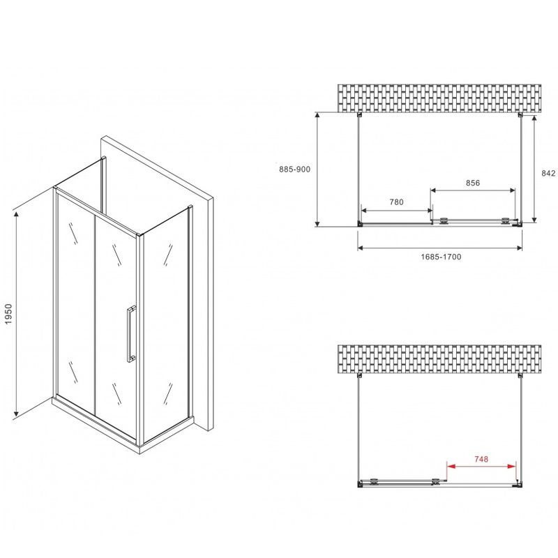 Душевой уголок Abber Schwarzer Diamant AG30170BH-S90B-S90B 170x90x195 (черный матовый), П-образный