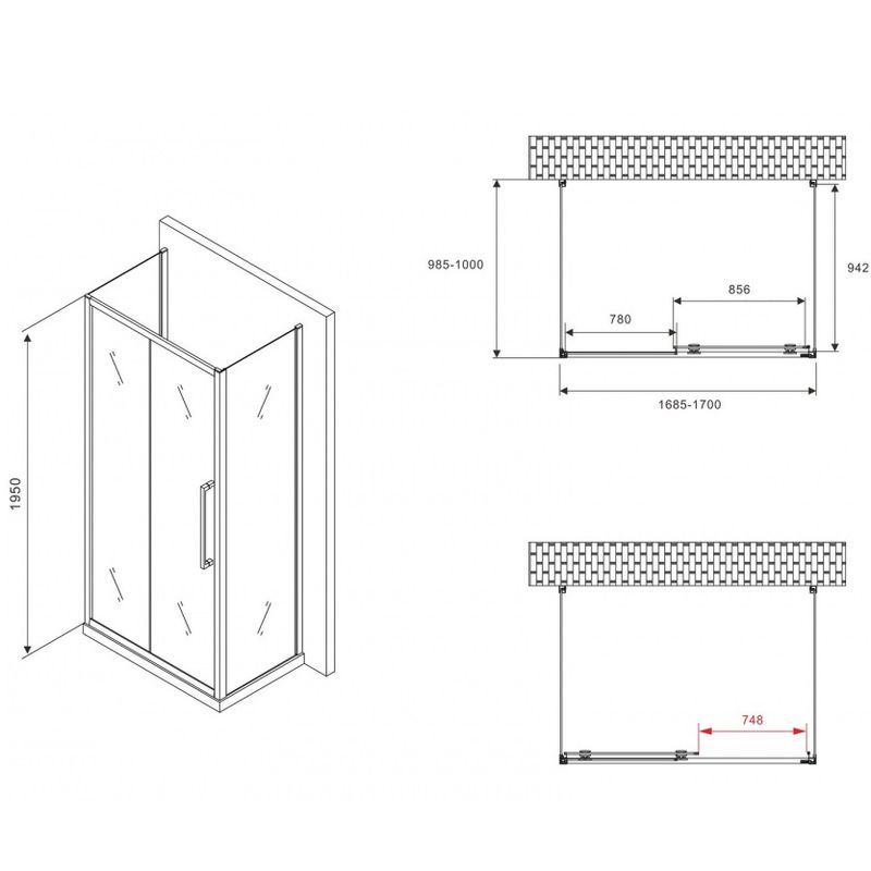 Душевой уголок Abber Schwarzer Diamant AG30170BMH-S100BM-S100BM 170х100х195 (черный матовый), П-образный