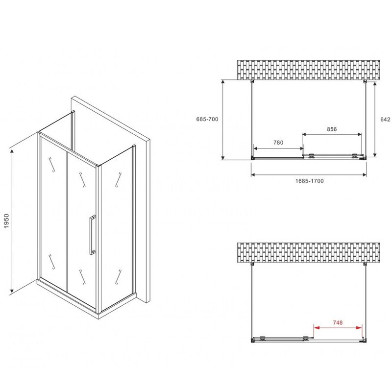 Душевой уголок Abber Schwarzer Diamant AG30170BMH-S70BM-S70BM 170х70х195 (черный матовый), П-образный