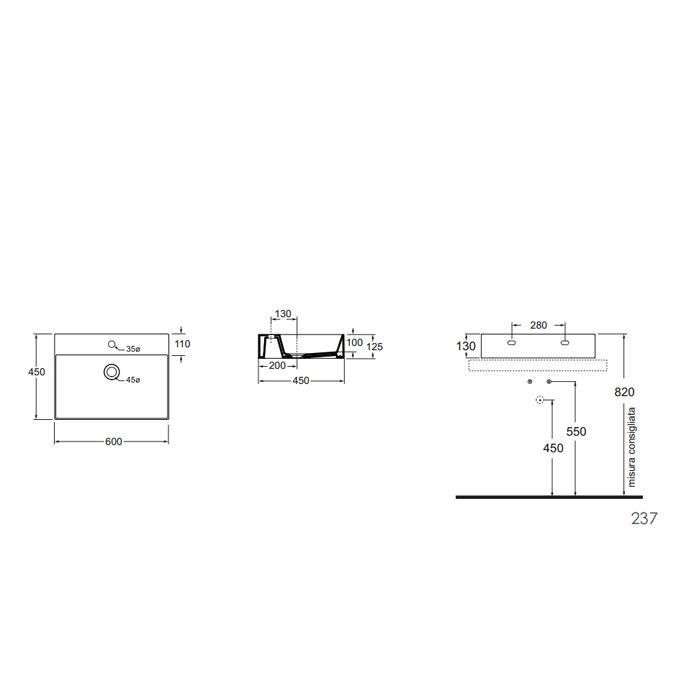 Раковина подвесная/накладная Azzurra Elegance Carbone ELLP060450QMCA/(EQA60M ca)*1 60х45