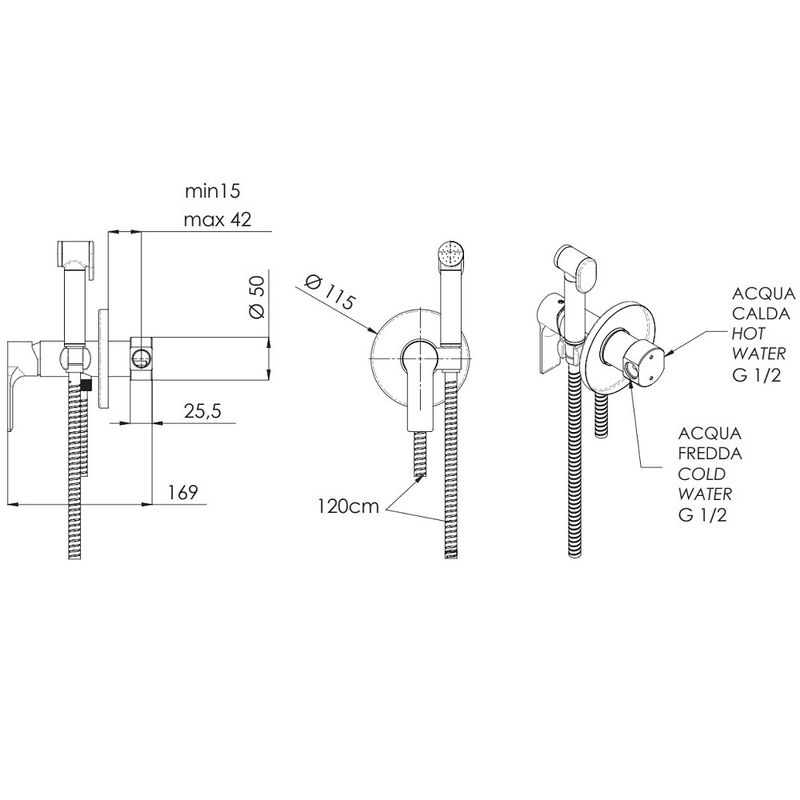 Гигиенический комплект Remer Energy Brushed Nickel EY65WNP (никель брашированный глянцевый), скрытая часть в комплекте