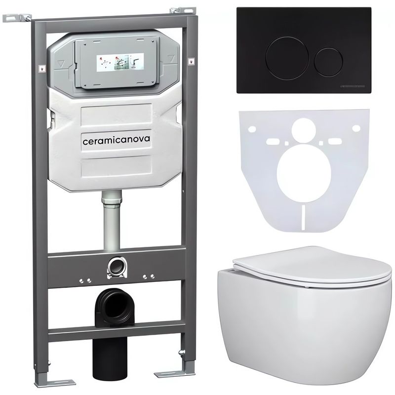 Комплект 4 в 1: Ceramica Nova CN3001_1001B_1000 Унитаз подвесной  Play + Система инсталляции Envision + Шумоизоляция + Кнопка смыва Round (чёрный матовый)