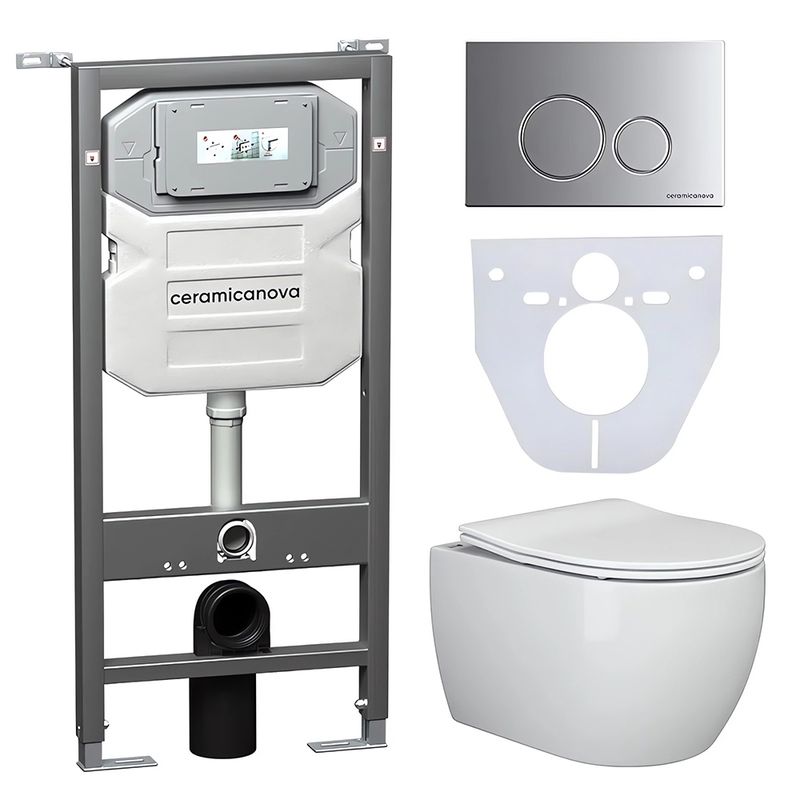 Комплект 4 в 1: Ceramica Nova CN3001_1001M_1000 Унитаз подвесной  Play + Система инсталляции Envision + Шумоизоляция + Кнопка смыва Round (хром мат)