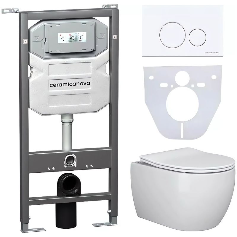 Комплект 4 в 1: Ceramica Nova CN3001_1001W_1000 Унитаз подвесной  Play + Система инсталляции Envision + Шумоизоляция + Кнопка смыва Round ( белый)