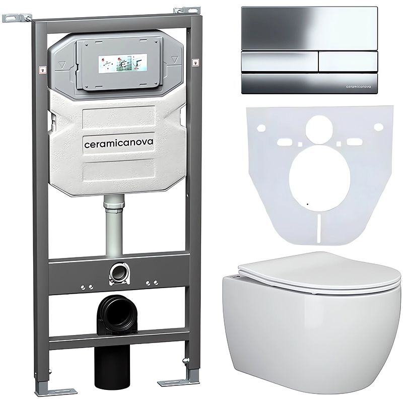 Комплект 4 в 1: Ceramica Nova CN3001_1002CH_1000 Унитаз подвесной  Play + Система инсталляции Envision + Шумоизоляция + Кнопка смыва Flat (хром)