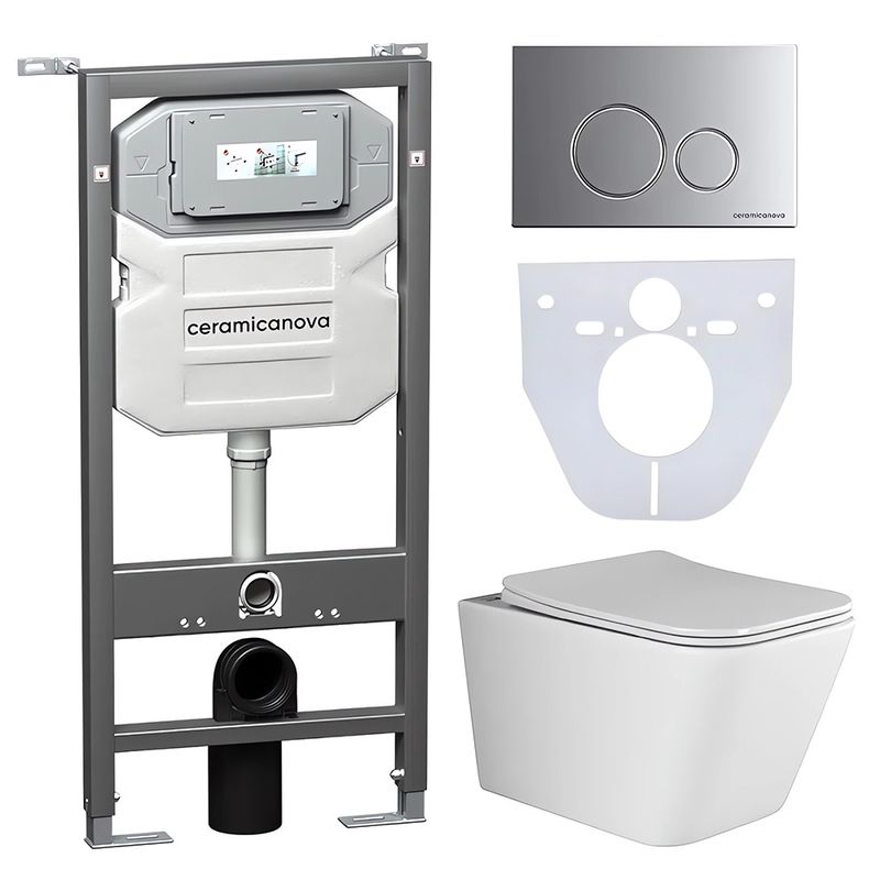 Комплект 4 в 1: Ceramica Nova CN3007_1001M_1000 Унитаз подвесной  Metric Rimless + Система инсталляции Envision + Шумоизоляция + Кнопка смыва Round (хром мат)