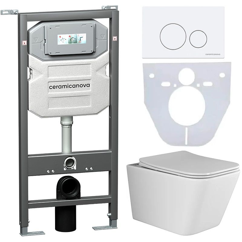 Комплект 4 в 1: Ceramica Nova CN3007_1001W_1000 Унитаз подвесной  Metric Rimless + Система инсталляции Envision + Шумоизоляция + Кнопка смыва Round (белый)