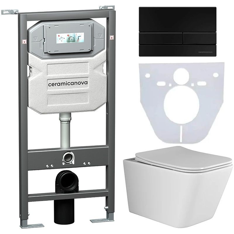 Комплект 4 в 1: Ceramica Nova CN3007_1002B_1000 Унитаз подвесной Metric Rimless + Система инсталляции Envision + Шумоизоляция + Кнопка смыва Flat (черный матовый)