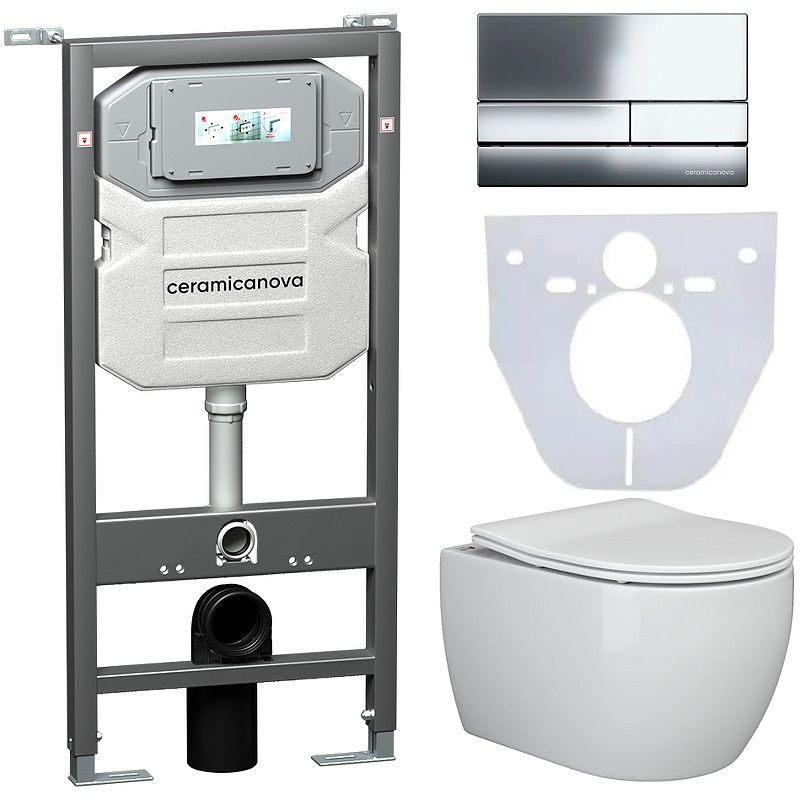 Комплект 4 в 1: Ceramica Nova CN3007_1002CH_1000 Унитаз подвесной Metric Rimless + Система инсталляции Envision + Шумоизоляция + Кнопка смыва Flat (хром)