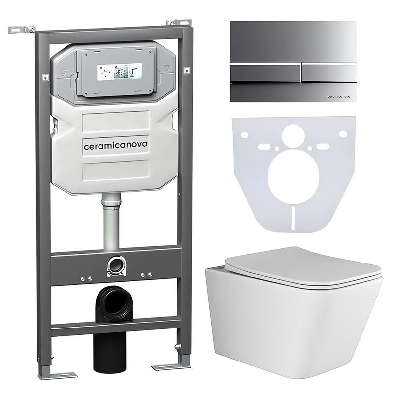 Комплект 4 в 1: Ceramica Nova CN3007_1002M_1000 Унитаз подвесной Metric Rimless + Система инсталляции Envision + Шумоизоляция + Кнопка смыва Flat (хром мат)