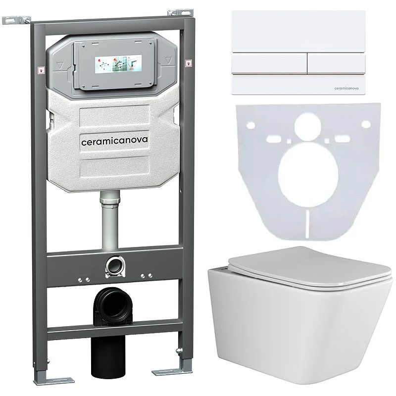Комплект 4 в 1: Ceramica Nova CN3007_1002W_1000 Унитаз подвесной  Metric Rimless + Система инсталляции Envision + Шумоизоляция + Кнопка смыва Flat (белый)