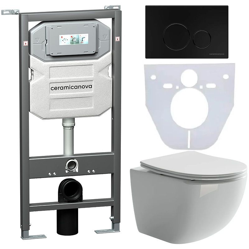 Комплект 4 в 1: Ceramica Nova CN3009_1001B_1000 Унитаз подвесной Forma Rimless + Инсталляция Envision + Шумоизоляция + Кнопка смыва Round (чёрный матовый)