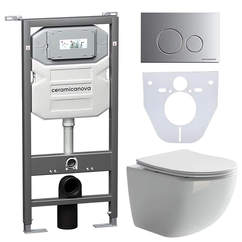 Комплект 4 в 1: Ceramica Nova CN3009_1001M_1000 Унитаз подвесной Forma Rimless + Инсталляция Envision + Шумоизоляция + Кнопка смыва Round (хром мат)