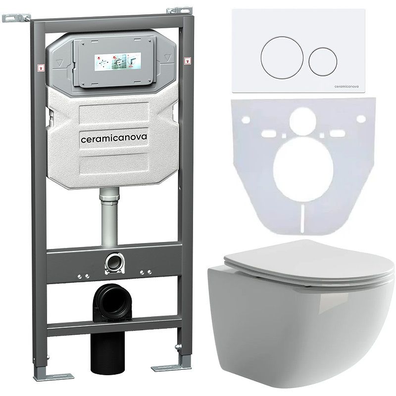 Комплект 4 в 1: Ceramica Nova CN3009_1001W_1000 Унитаз подвесной Forma Rimless + Инсталляция Envision + Шумоизоляция + Кнопка смыва Round (белый)