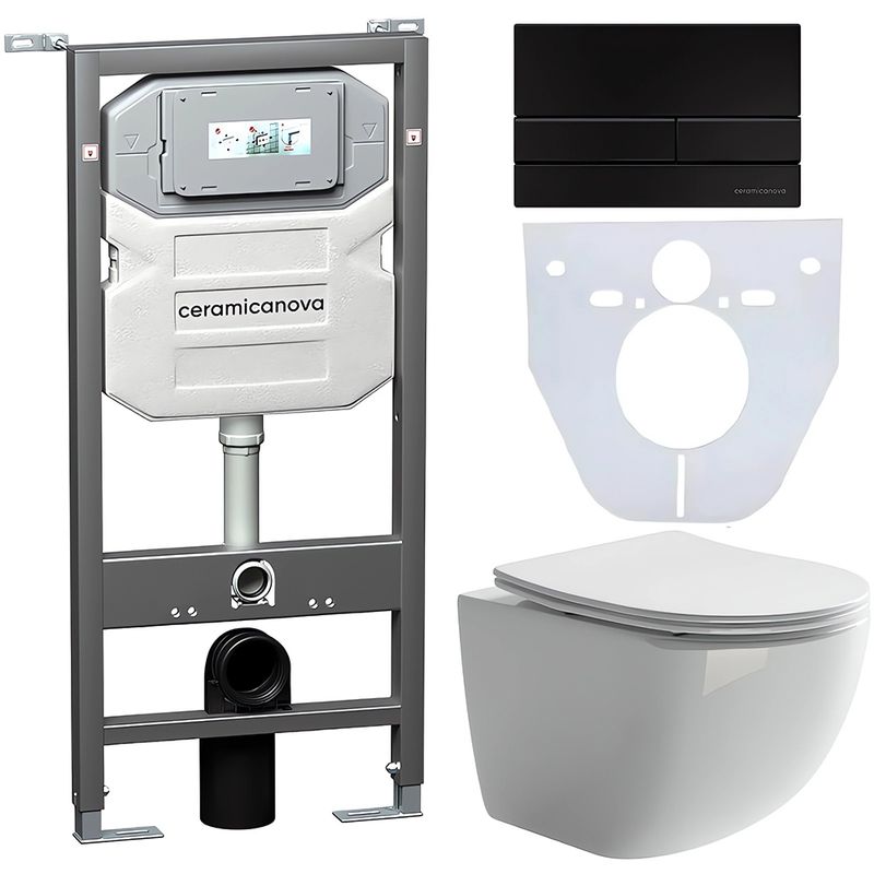 Комплект 4 в 1: Ceramica Nova CN3009_1002B_1000 Унитаз подвесной Forma Rimless + Инсталляция Envision + Шумоизоляция + Кнопка смыва Flat (черный матовый)