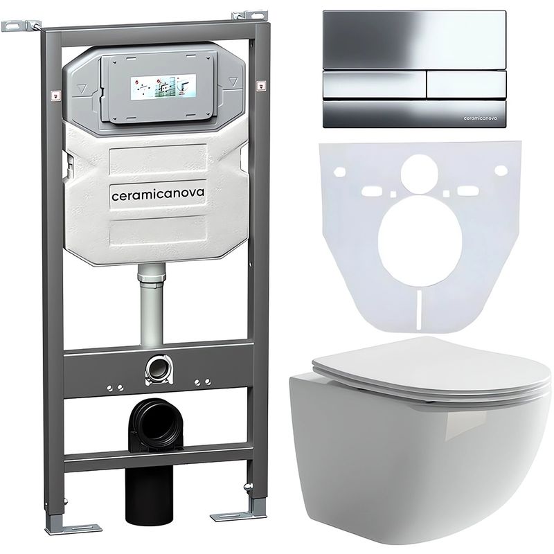 Комплект 4 в 1: Ceramica Nova CN3009_1002CH_1000 Унитаз подвесной Forma Rimless + Инсталляция Envision + Шумоизоляция + Кнопка смыва Flat (хром)