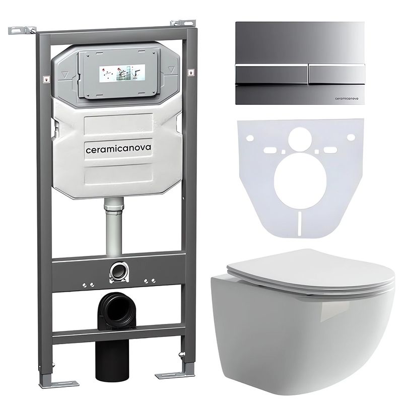 Комплект 4 в 1: Ceramica Nova CN3009_1002M_1000 Унитаз подвесной Forma Rimless + Инсталляция Envision + Шумоизоляция + Кнопка смыва Flat (хром мат)