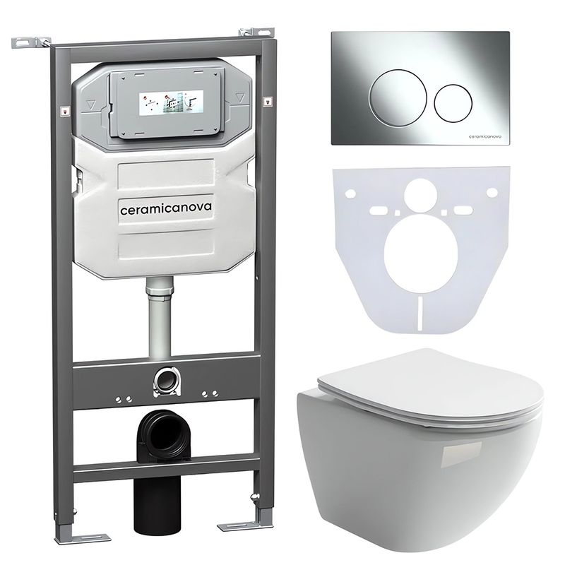 Комплект 4 в 1: Ceramica Nova CN4002_1001CH_1000 Унитаз подвесной Metropol Rimless + Инсталляция Envision + Шумоизоляция + Кнопка смыва Round (хром)