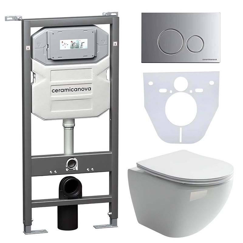 Комплект 4 в 1: Ceramica Nova CN4002_1001M_1000 Унитаз подвесной Metropol Rimless + Инсталляция Envision + Шумоизоляция + Кнопка смыва Round (хром мат)