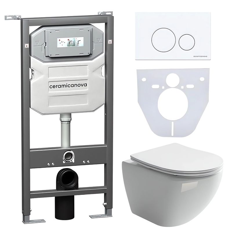 Комплект 4 в 1: Ceramica Nova CN4002_1001W_1000 Унитаз подвесной  Metropol Rimless + Инсталляция Envision + Шумоизоляция + Кнопка смыва Round (белый)